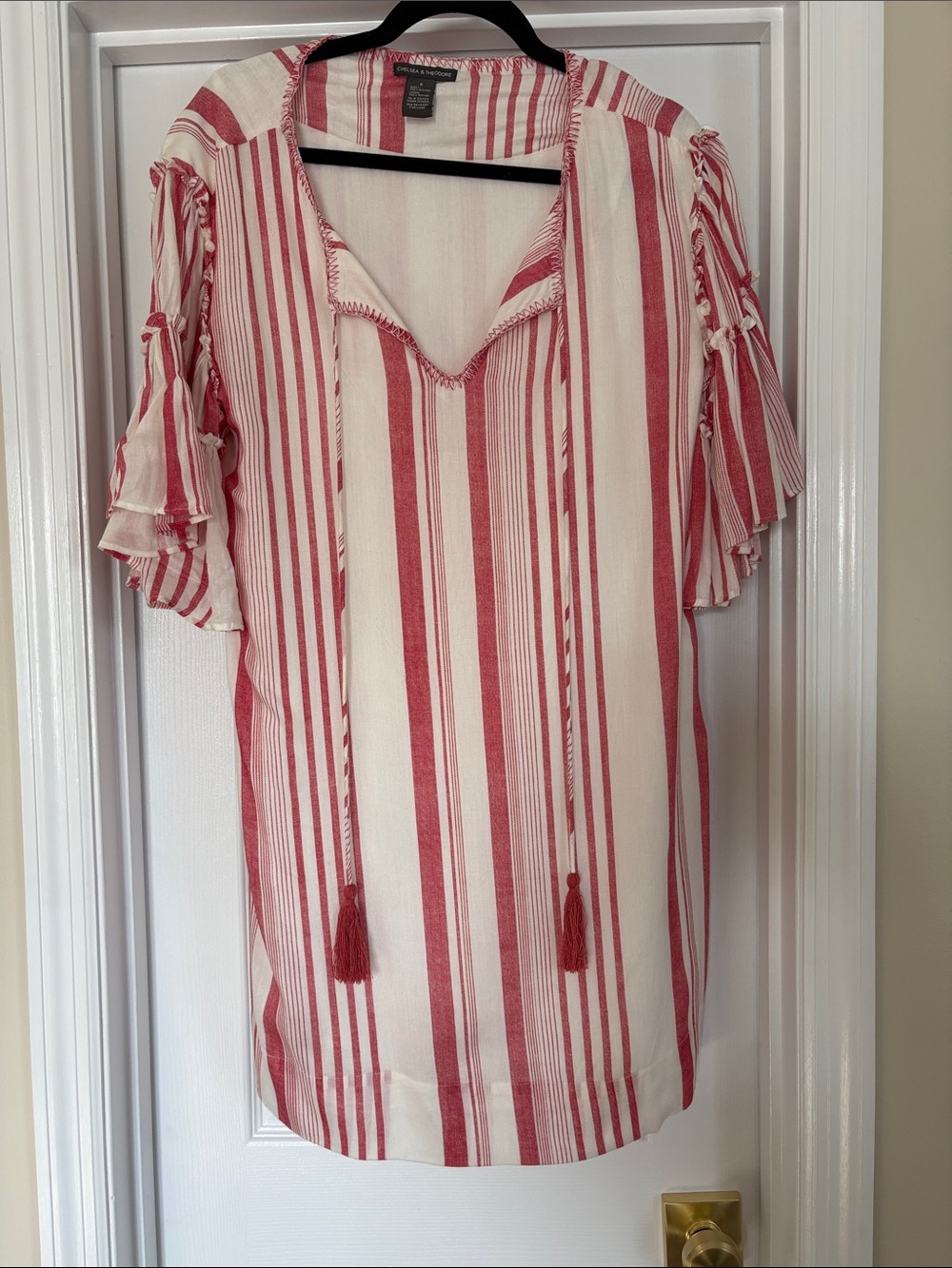 Chelsea & Theodore Red and White Striped V-Neck Tassel Tunic